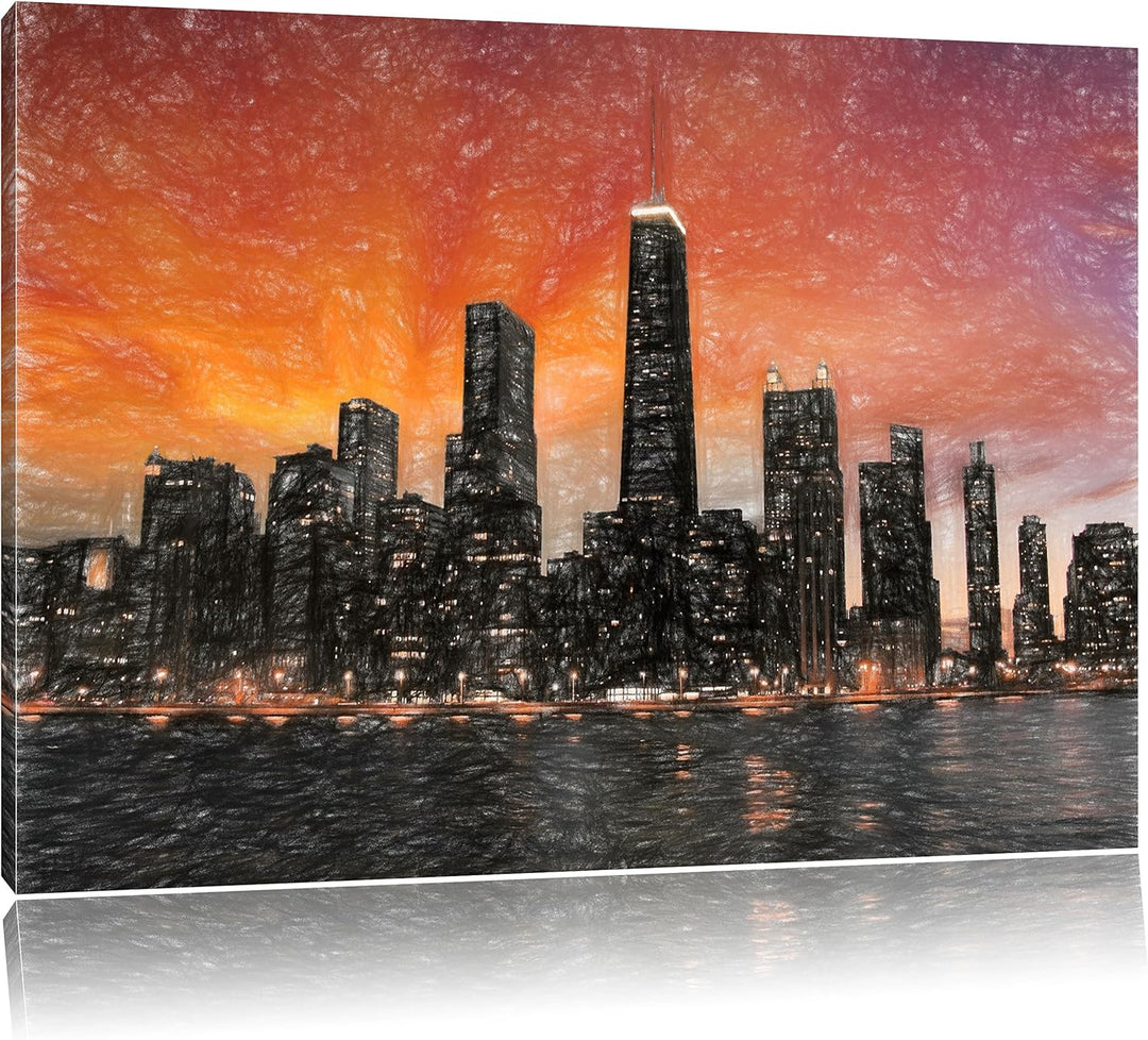 Pixxprint Chicago-Wolkenkratzer-Silhouette als Leinwandbild/Grösse: 100x70 cm/Wandbild/Kunstdruck/fe