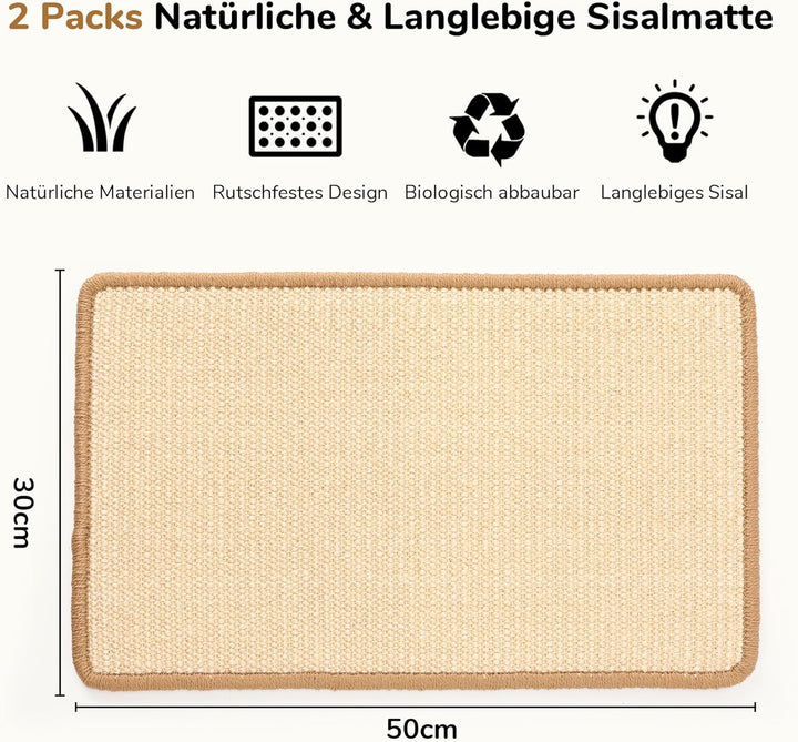 FUKUMARU Kratzmatte für Katzen aus natürlichem Sisal, 2 Stück, 50 x 30 cm, Kratzfeste Sofakratzmatte