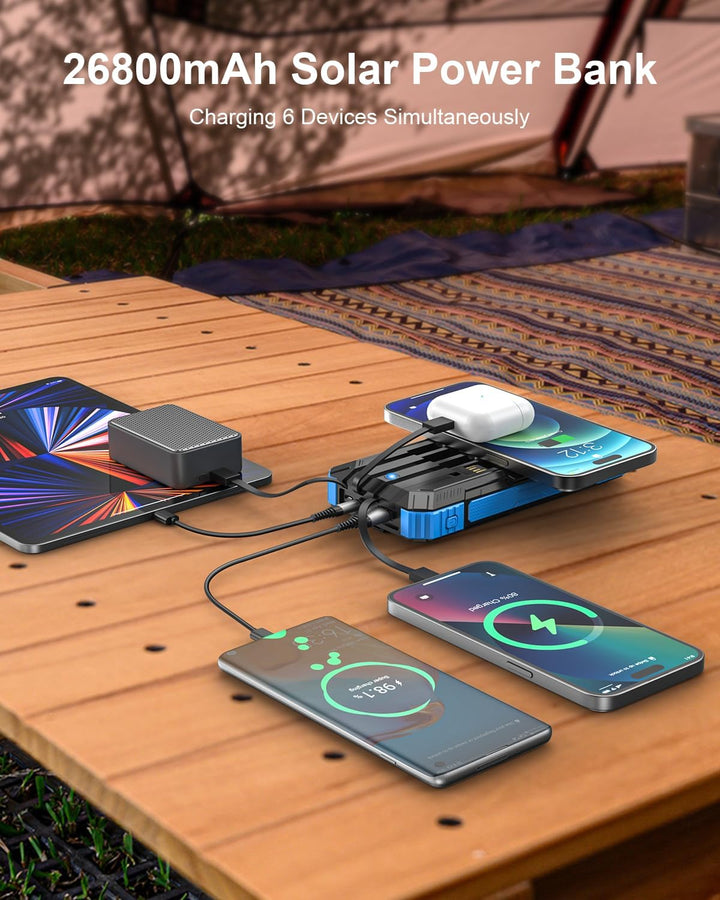 Solar Powerbank, 26800 mAh tragbares Ladegerät mit 4 integrierten Kabeln, Solar-Akkuladegerät mit US