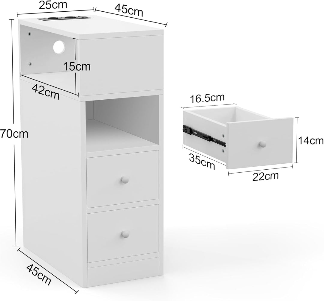 PIPIPOXER Nachttisch schmal, Nachttisch mit Steckdose & USB, Nachtschrank mit 3 Schublade, 1 Offenen