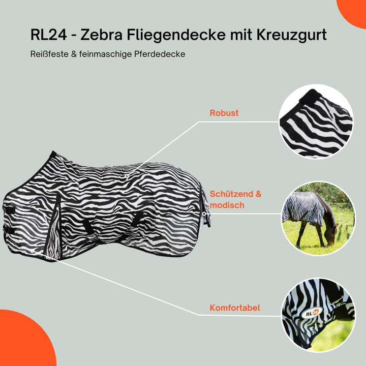 RL24 - Zebra Fliegendecke mit Kreuzgurt – reissfeste & feinmaschige Pferdedecke – Weidedecke zum Sch