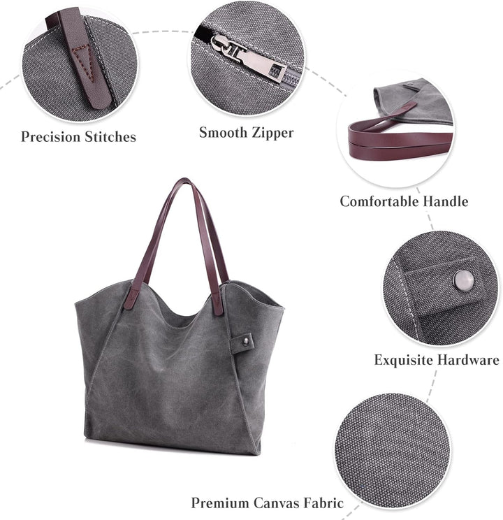 PORRASSO Damen Schultertasche Grosse Handtasche Canvas Hobo Henkeltasche Fraue Shopper Tote für Eink