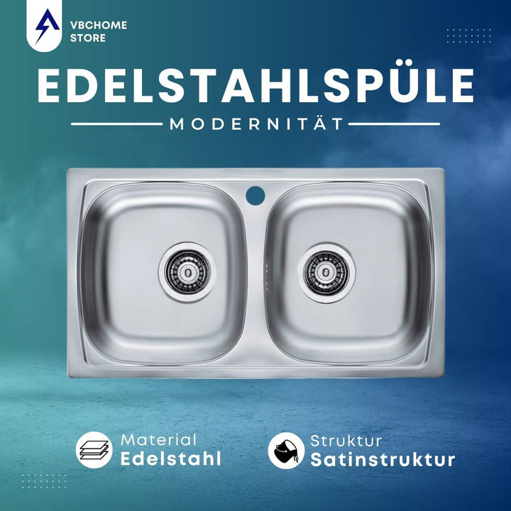 VBChome: Doppelbecken Einbauspüle mit Hahnloch 780 x 435 mm Camping Küchenspüle - Satinstruktur Alve