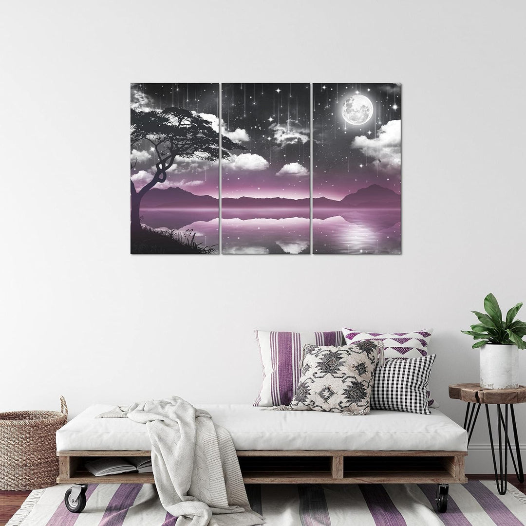 Runa Art Wandbilder Nachthimmel Natur Bild XXL Wohnzimmer Schlafzimmer Violett Grau Mondschein Wasse