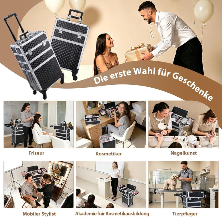 Make up Koffer Kosmetikkoffer Trolley Kosmetik Trolley 3-in-1 Schminkkoffer mit Rollen Friseurkoffer