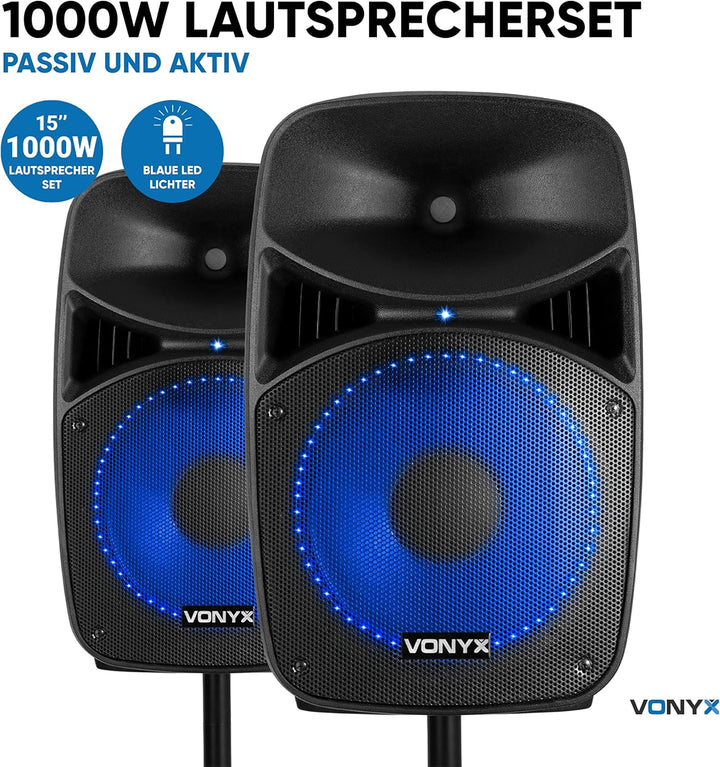 Vonyx VPS152A, PA Lautsprecher Set mit Ständer und Mikrofon, 1000 Watt PA Anlage Komplettset, 15 Zol