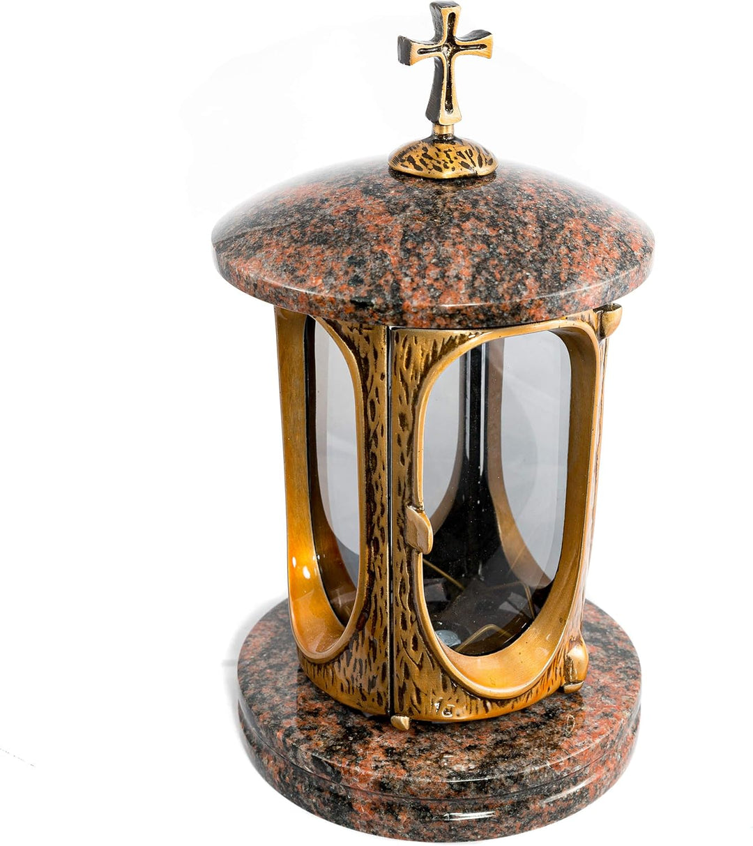 Stilvolle Grablaterne Elégant mit Kreuz Granit Aurora India Höhe 27 cm/Ø 15 cm Grableuchte Grablicht