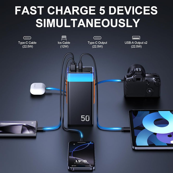 Powerbank 50000mAh mit Kabel, 22,5W PD USB-C Schnellladegerät, Externer Akku mit 3 integrierten Kabe