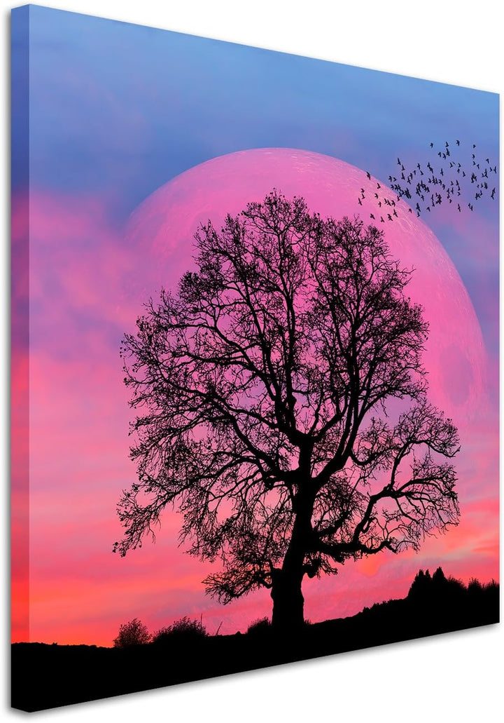 Wandbild 90x90cm Collage – Baum Silhouette vor Supermond auf Leinwand für Wohnzimmer, Büro, Schlafzi