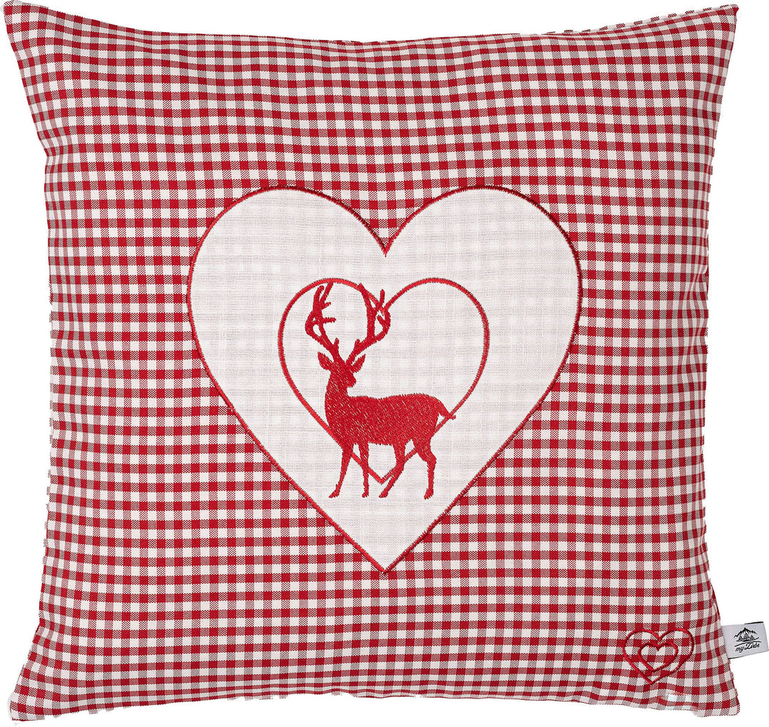 Zirbenkissen bestickt mit Hirsch und Herz rot karriert Grösse 40x40 cm befüllt mit Zirbenflocken aus
