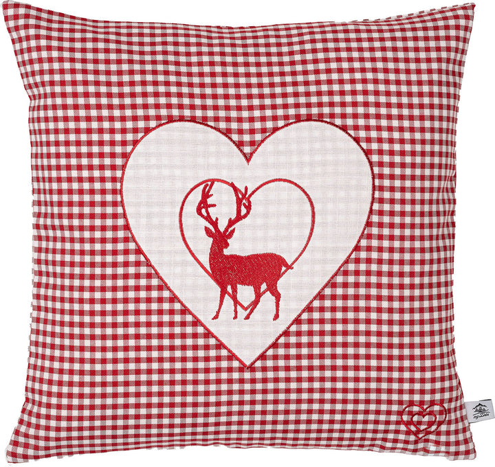 Zirbenkissen bestickt mit Hirsch und Herz rot karriert Grösse 40x40 cm befüllt mit Zirbenflocken aus