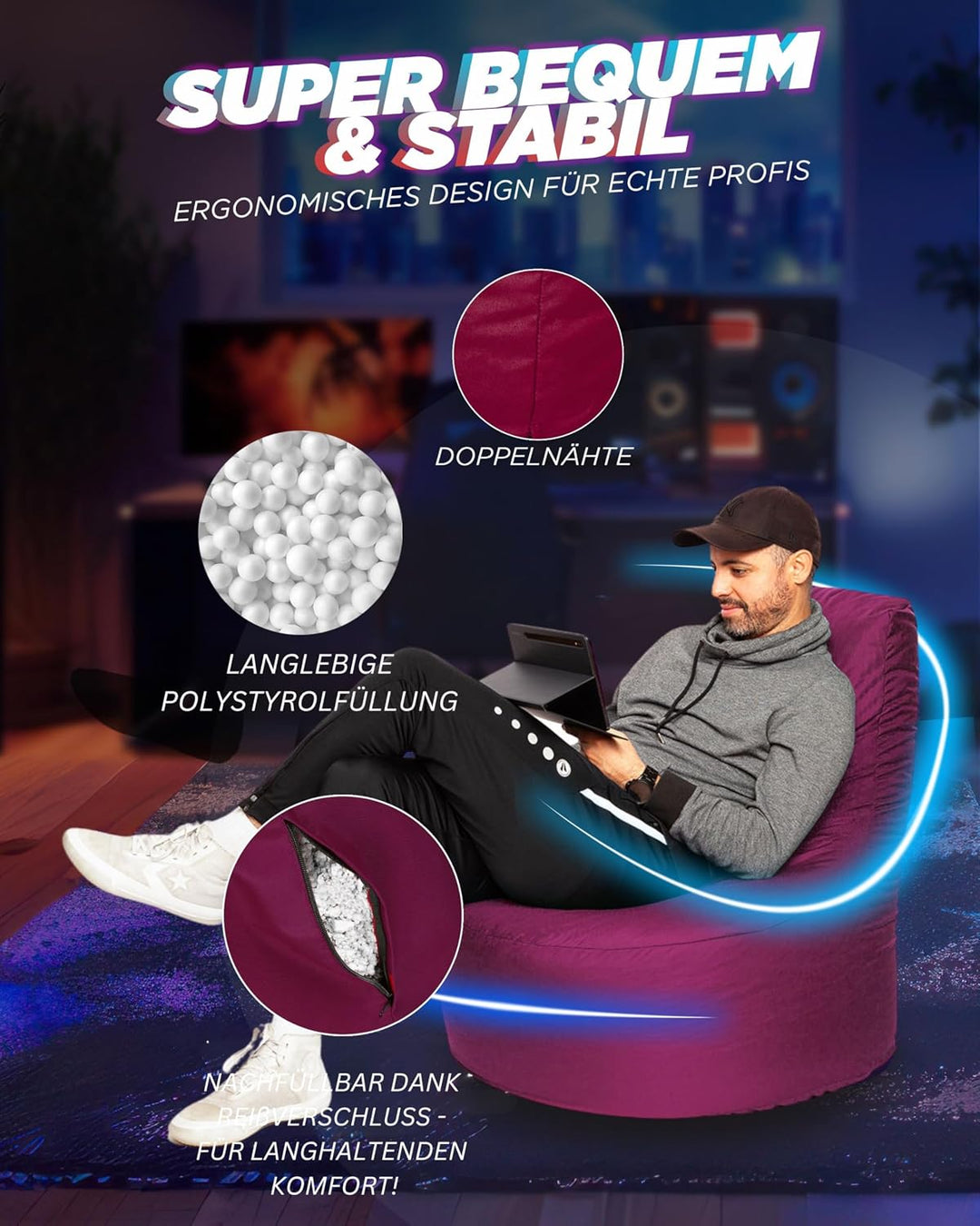 PATCH HOME Gamer Kissen & Lounge Sitzsack – befüllbar mit Reissverschluss, gefüllt mit Styropor, gee