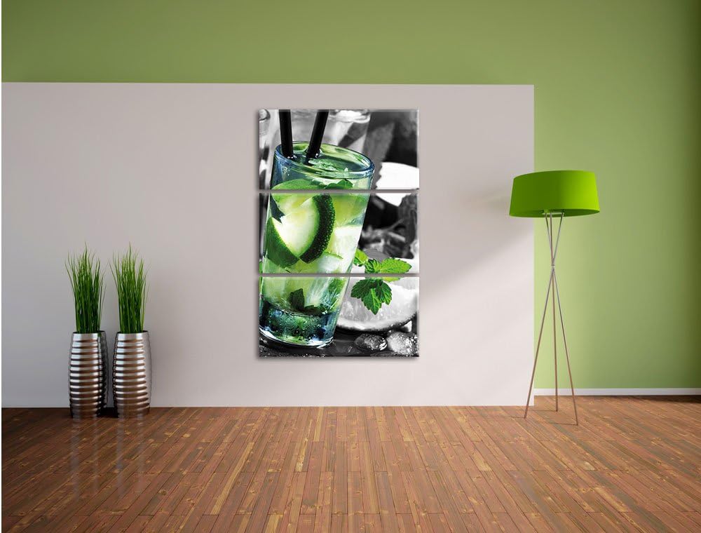 Pixxprint Caipirinhacocktails auf Tablett / 3-Teilig/Gesamtmass 120cm Leinwandbild bespannt auf Holz