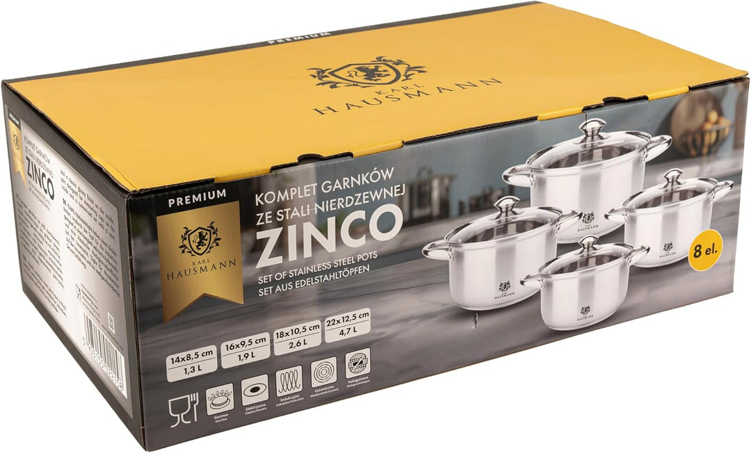 Topfset Induktion Edelstahl 4-Teilig - Kochtöpfe für Alle Herdarten - Kochtopf Set mit Glasdeckel -