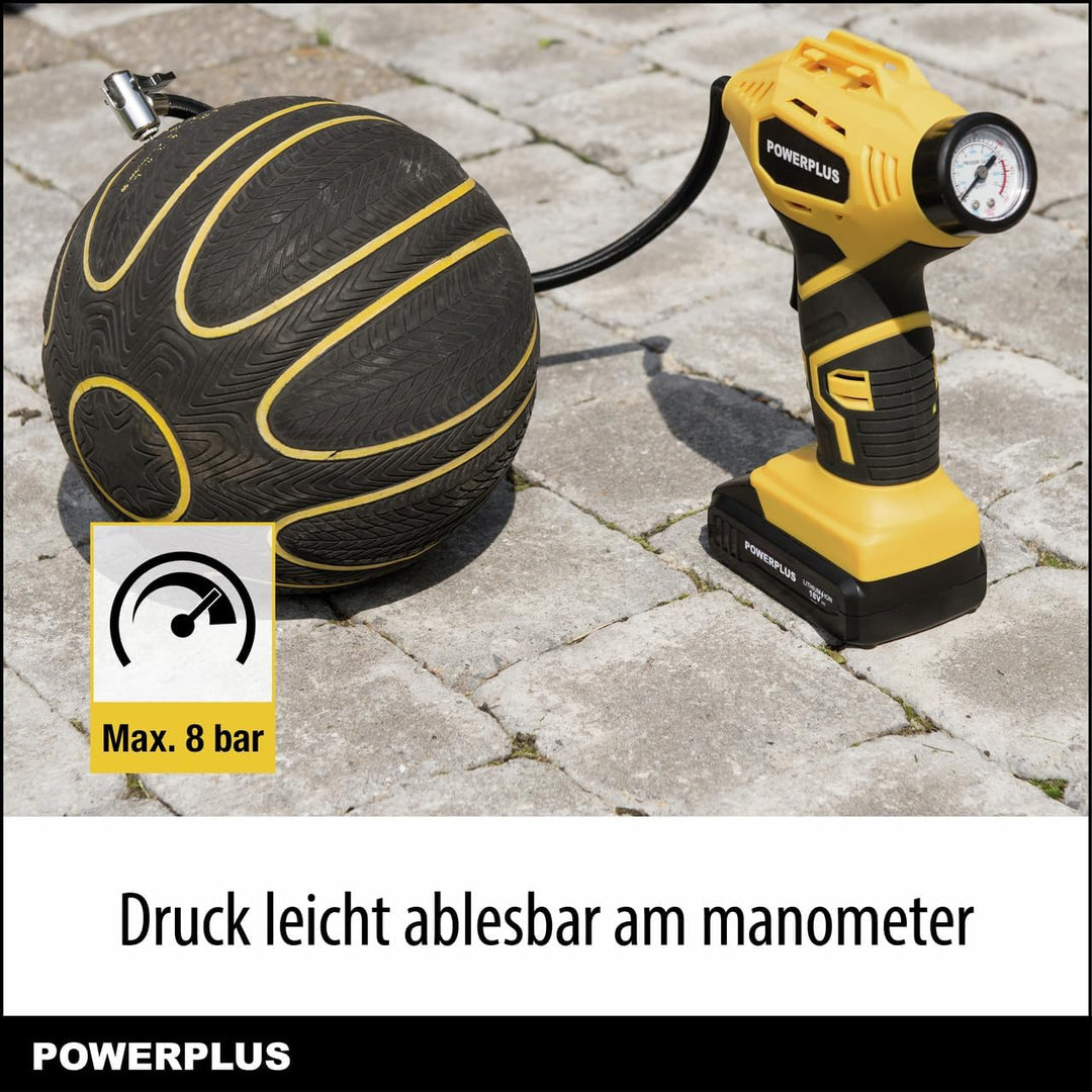 Powerplus POWX1700 Akku Kompressor - Druckluft Kompressor mit 18V und 8 bar Leistung - Inkl. 1 x 1,5