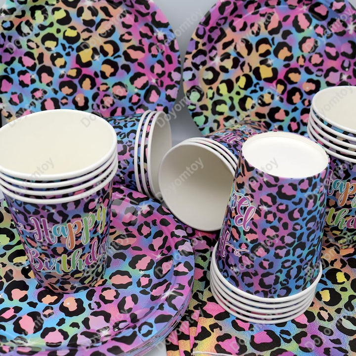 Doyomtoy Leopard Geburtstag Deko, 61 Stück Regenbogen Neon Leoparddruck Partygeschirr Geburtstag Par