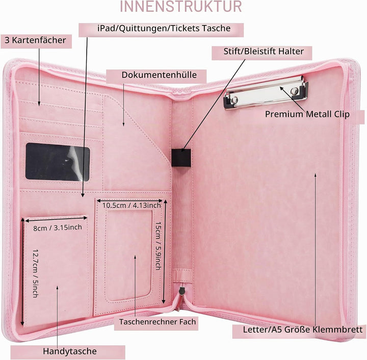 GraduatePro Klemmbrettmappe A4 mit Deckel Reissverschluss Leder Organizer Mappe Dokumentenmappe Ordn