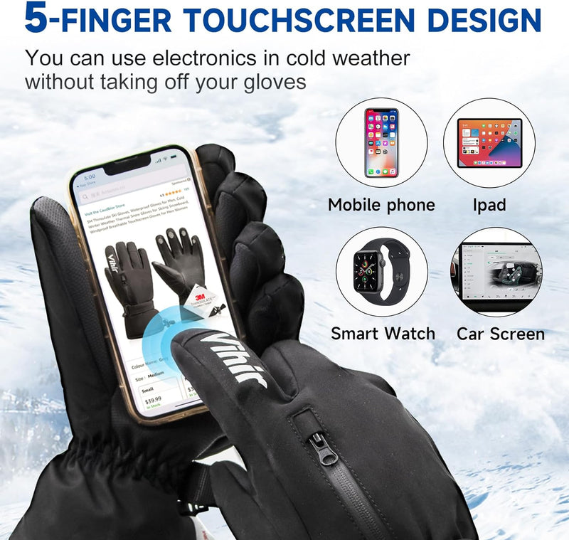 Vihir Skihandschuhe Herren & Damen Winterhandschuhe Thermo Handschuhe, Wasserdichte Touchscreen 3M T