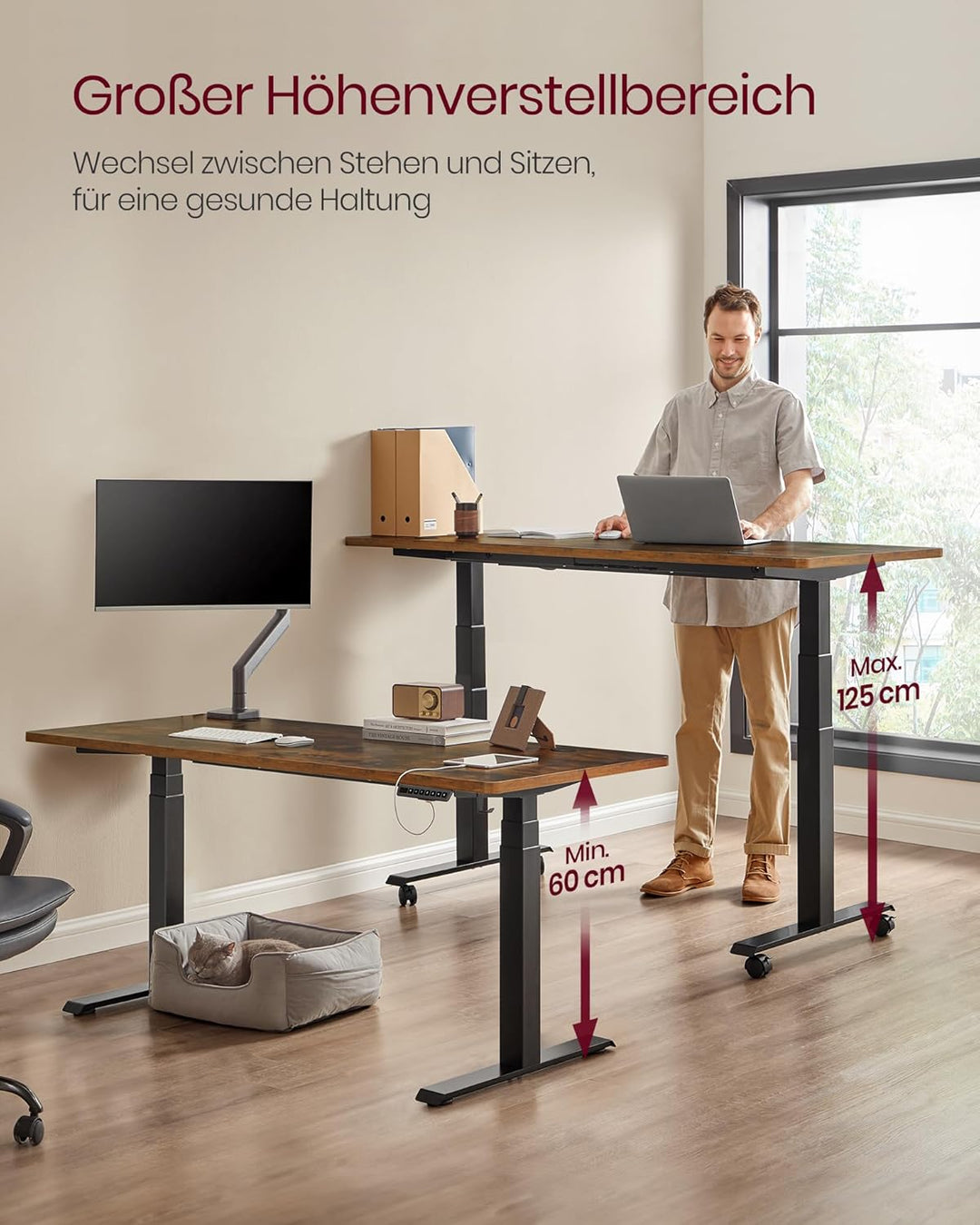 VASAGLE Höhenverstellbarer Schreibtisch elektrisch, Tischgestell, Doppelmotor, 3-Fach Teleskopbeine,