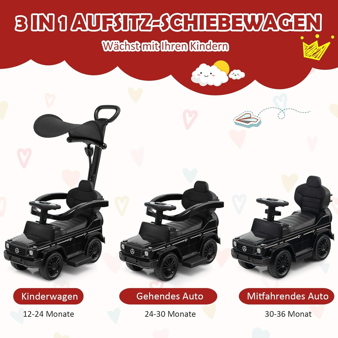 DREAMADE 3-in-1 lizenzierter Mercedes-Benz Rutschauto, Schiebewagen mit Schiebegriff, verstellbarem