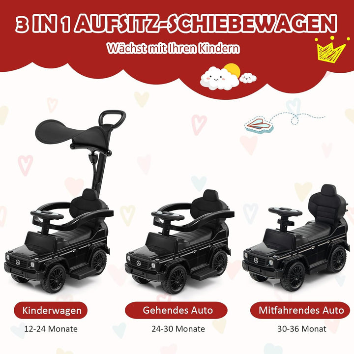 DREAMADE 3-in-1 lizenzierter Mercedes-Benz Rutschauto, Schiebewagen mit Schiebegriff, verstellbarem
