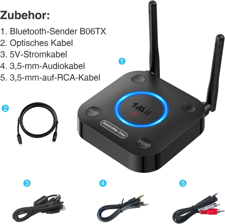 1Mii B06TX Bluetooth 5.3 Sender für TV, Bluetooth Transmitter mit aptX HD &amp; Low Latency, 2 Kopfhörer
