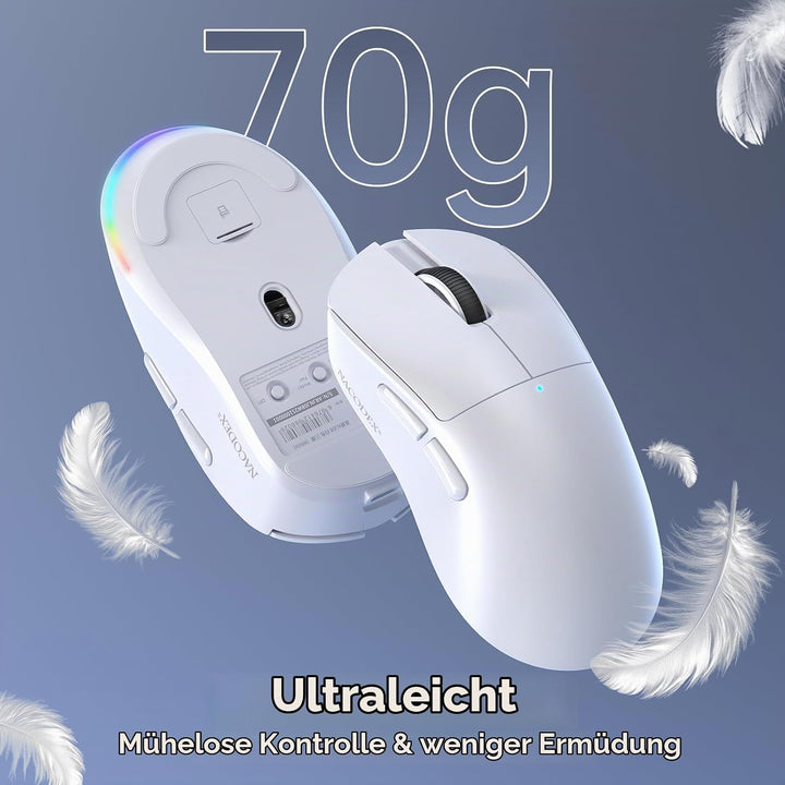A.JAZZ NJ08 Tri-Mode Kabellose Gaming Maus, 1000Hz 70g Leicht, PC Mouse Mittel-Gross Ergonomisch, 12