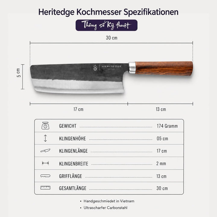 Rua Classic | Handgefertigtes Nakiri Messer 17 cm | Handgeschmiedet in traditioneller Schmiede in Vi