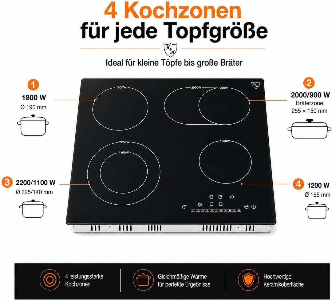 K&H® 4 Zonen Glaskeramikkochfeld 59cm Elektro Autark Eingebaut NC-7206