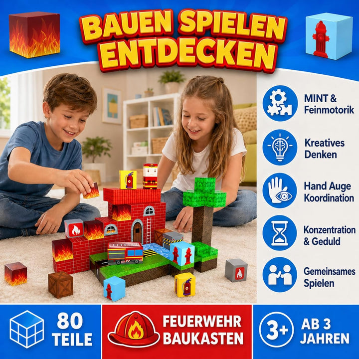 Spiele Kontor Magnetische Bausteine Feuerwehr - 80 Stück Magnetbausteine | Kinderspielzeug für Junge