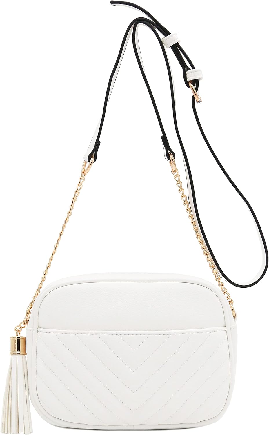 FashionPuzzle Chevron gesteppte Crossbody-Kameratasche mit Kettenriemen und Quaste Weiss/Opulenter G