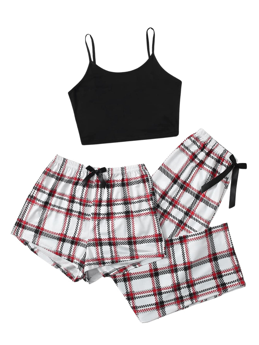 GORGLITTER Damen Schlafanzug 3er Set Cami Schlafanzug Plaid Pajamas Set Nachtwäsche Schlafhose Karie