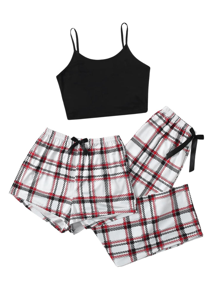 GORGLITTER Damen Schlafanzug 3er Set Cami Schlafanzug Plaid Pajamas Set Nachtwäsche Schlafhose Karie