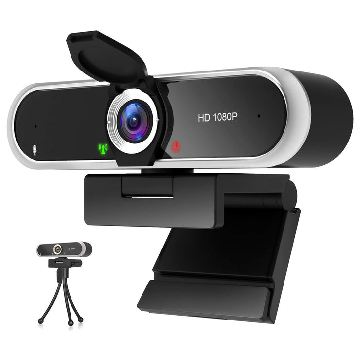 Webcam 1080P mit Mikrofon und Webcam Abdeckung, Stativ, Plug & Play, mit automatischer Lichtkorrektu