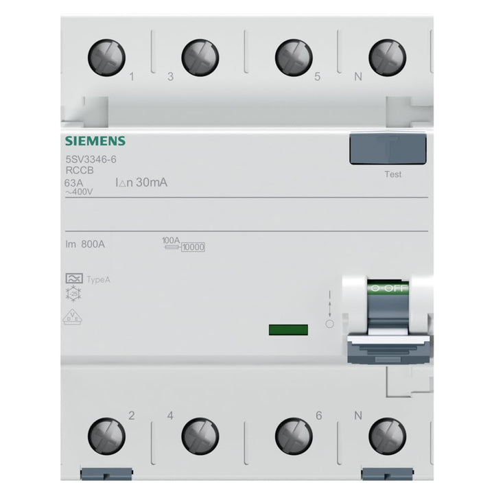 Siemens 5SV33466 FI-Schutzschalter 3P+N TypA 30mA 63A 400V Single, Single