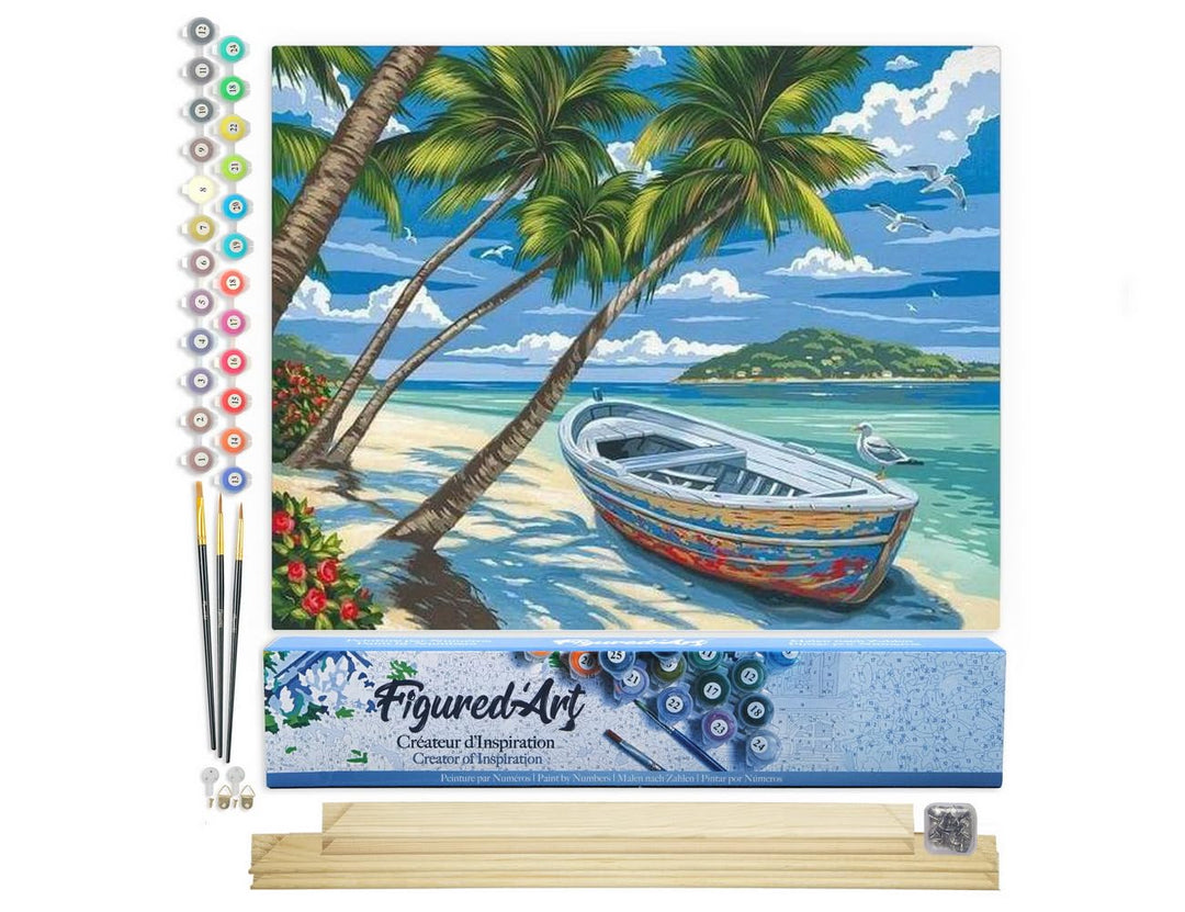 Figured'Art Malen Nach Zahlen Erwachsene Mit Rahmen Boot unter den Palmen - Paint by Numbers Basteln