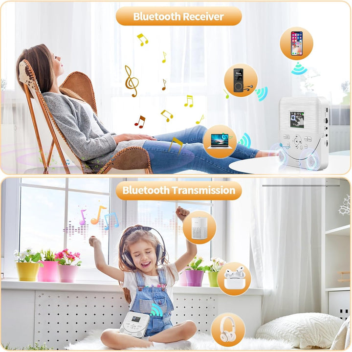 CD Player Tragbar, FELEMAN CD Player Bluetooth mit Lautsprecher/Wiederaufladbar Batterie/Display/Kop