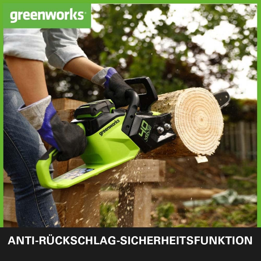 Greenworks GD40CS15 Akku Kettensäge mit bürstenlosem Motor, 14-Zoll (35 cm) Blattlänge, 12 m/s Kette