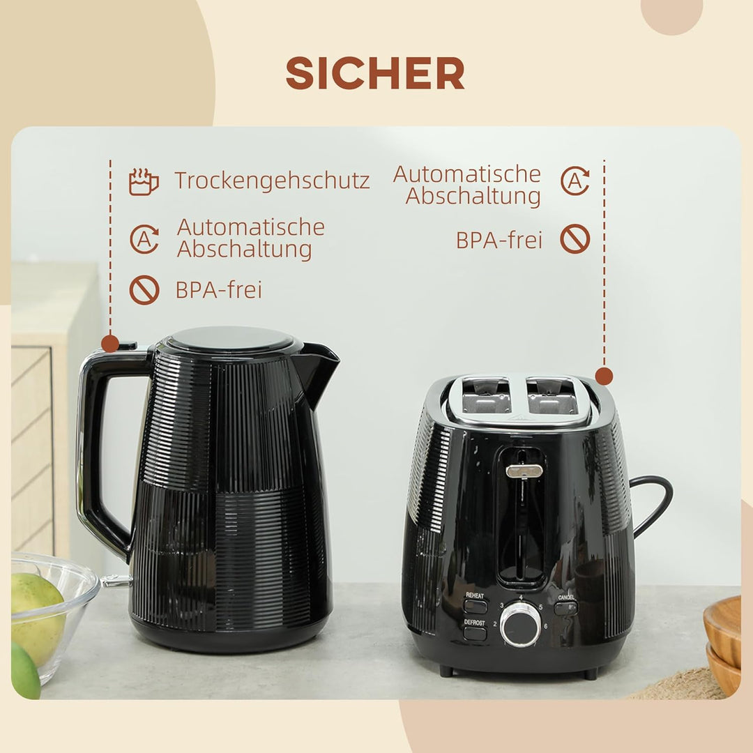 HOMCOM Wasserkocher Toaster Set 2200 W 1,7 Liter Wasserkocher Doppelschlitz Toaster Frühstücksset mi
