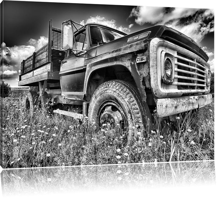 Pixxprint USA Truck auf Blumenwiese 100x70cm Leinwandbild Wandbild Kunstdruck