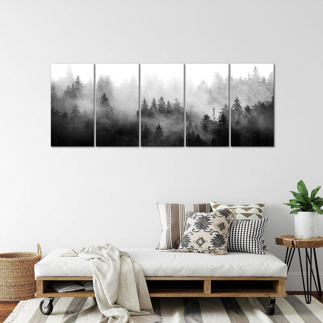 Runa Art Wandbild XXL Wald Natur Wohnzimmer Schlafzimmer 200 x 80 cm Schwarz Weiss 5 Teilig - Made i