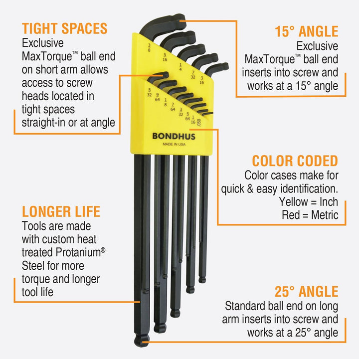 BONDHUS, SDBLX13XL Stubby Double BALLEND HEX Key Long Series Set 0.050"-3/8", 67037