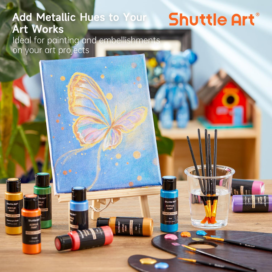 Shuttle Art Metallic Acrylfarben Set, 20 bunte Metallic Acryl Farben in Flaschen (60 ml), 3 Pinselse