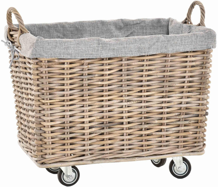 Stabiler Kaminholzkorb Flechtkorb mit Inlett Roll Holzkorb Rollkorb Natur-Rattan (Natur-Grau mit Rol