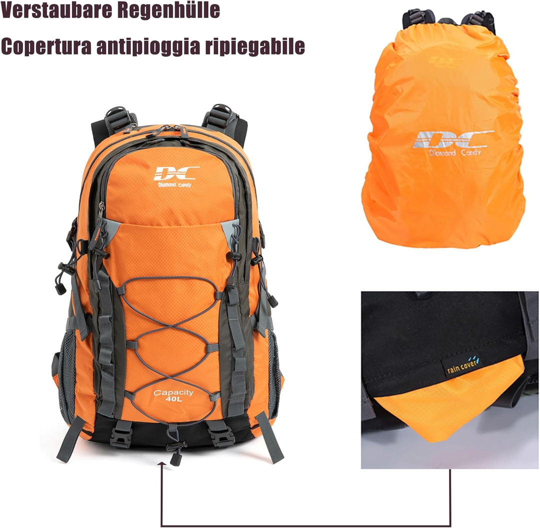 Wanderrucksack 40l Damen Herren Rucksack Wasserdicht Reiserucksack mit Regenschutz Orange, Orange
