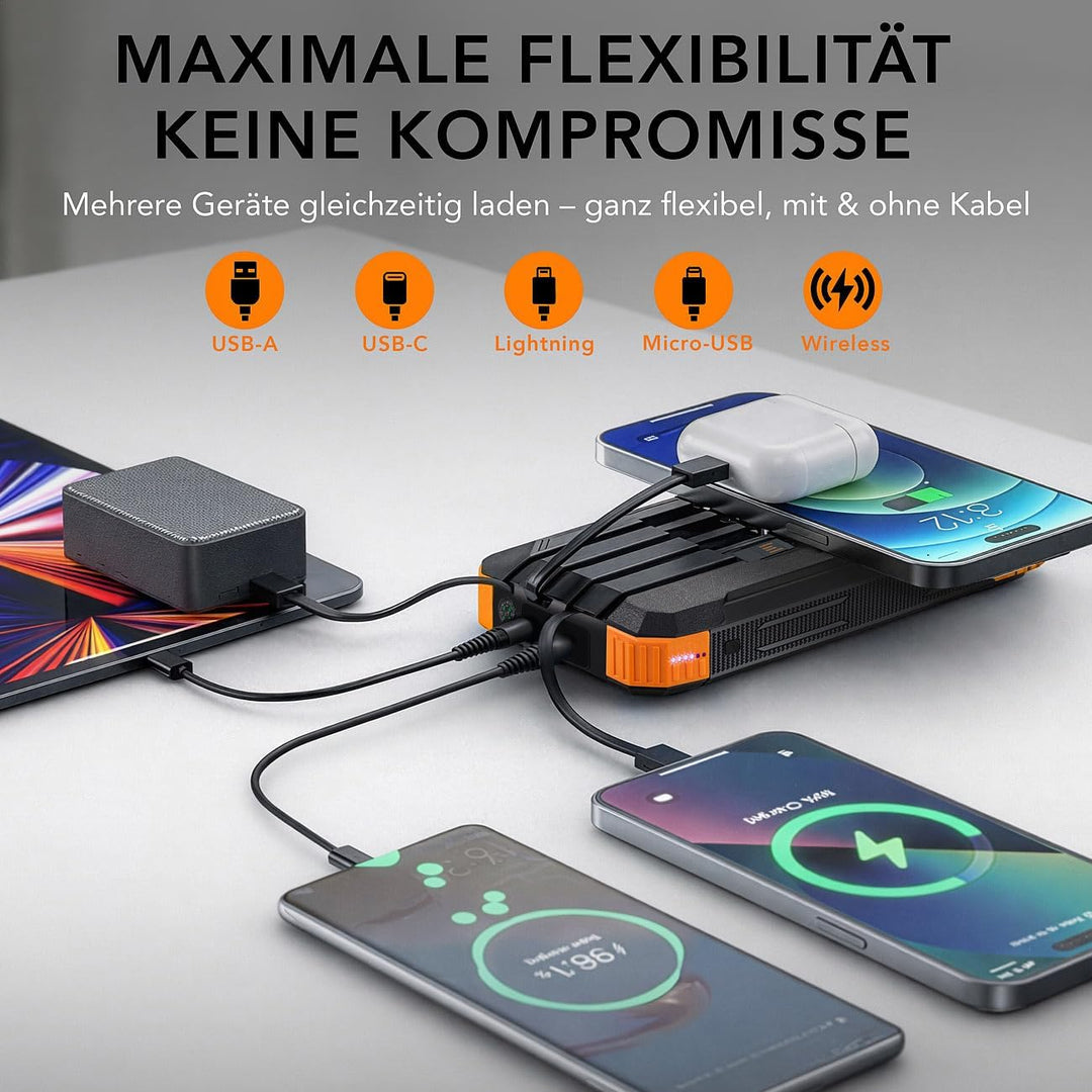 revolt Kurbel Dynamo-Powerbanks: Kurbel-Solar-Powerbank, 20.000 mAh, USB-C PD 20 W, Qi-kompatibel, L