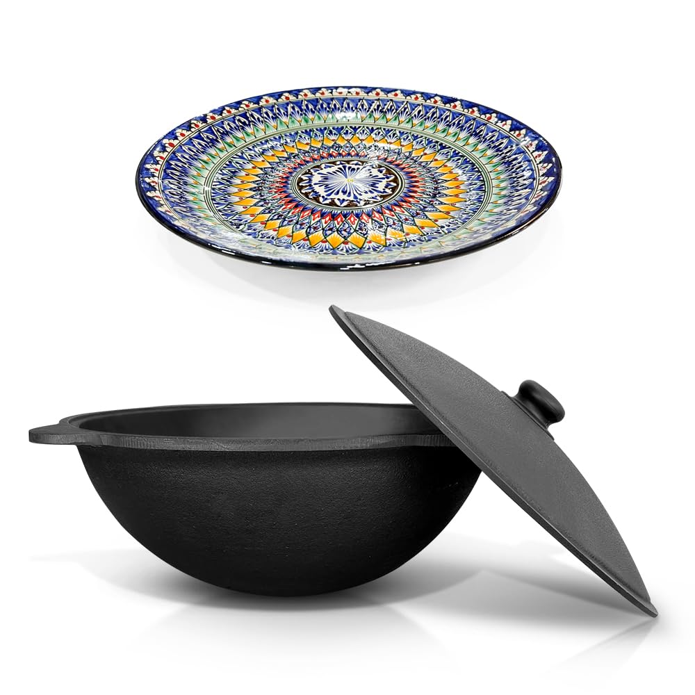 Set - Usbekischer Gusseisen Kasan 22 L runder Boden, Deckel aus Aluminiumguss Lagan 42 cm Camping Ka