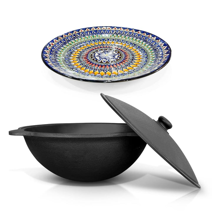 Set - Usbekischer Gusseisen Kasan 22 L runder Boden, Deckel aus Aluminiumguss Lagan 42 cm Camping Ka