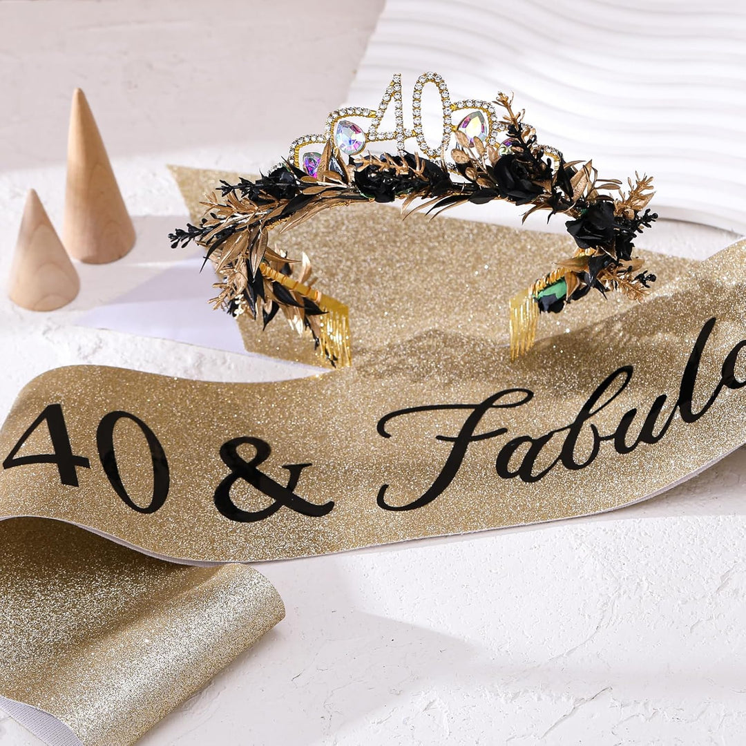 Geburtstagskrone Schärpe Set, Schwarz-Goldene Blumen Tiara Krone und Schärpe, Geburtstagsgeschenk fü