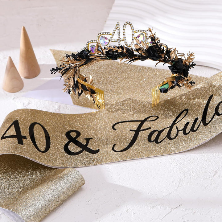 Geburtstagskrone Schärpe Set, Schwarz-Goldene Blumen Tiara Krone und Schärpe, Geburtstagsgeschenk fü